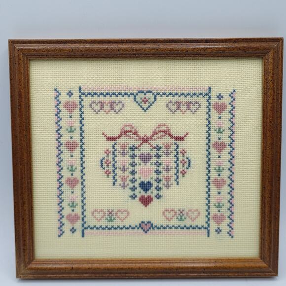 Central Heart Cross Stitch Shape Style is Reminiscent of Folk-Art Samplers 9"x8" - Picture 2 of 3